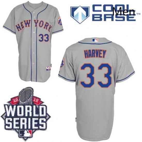 Mens Majestic New York Mets 33 Matt Harvey Replica Grey Road Cool Base 2015 World Series MLB Jersey